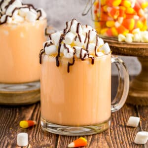 Square image of garnished hot chocolate in clear mug.