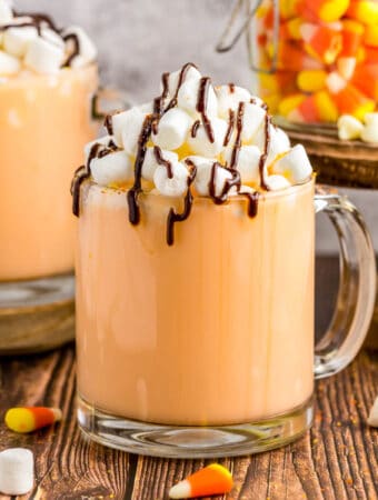Square image of garnished hot chocolate in clear mug.