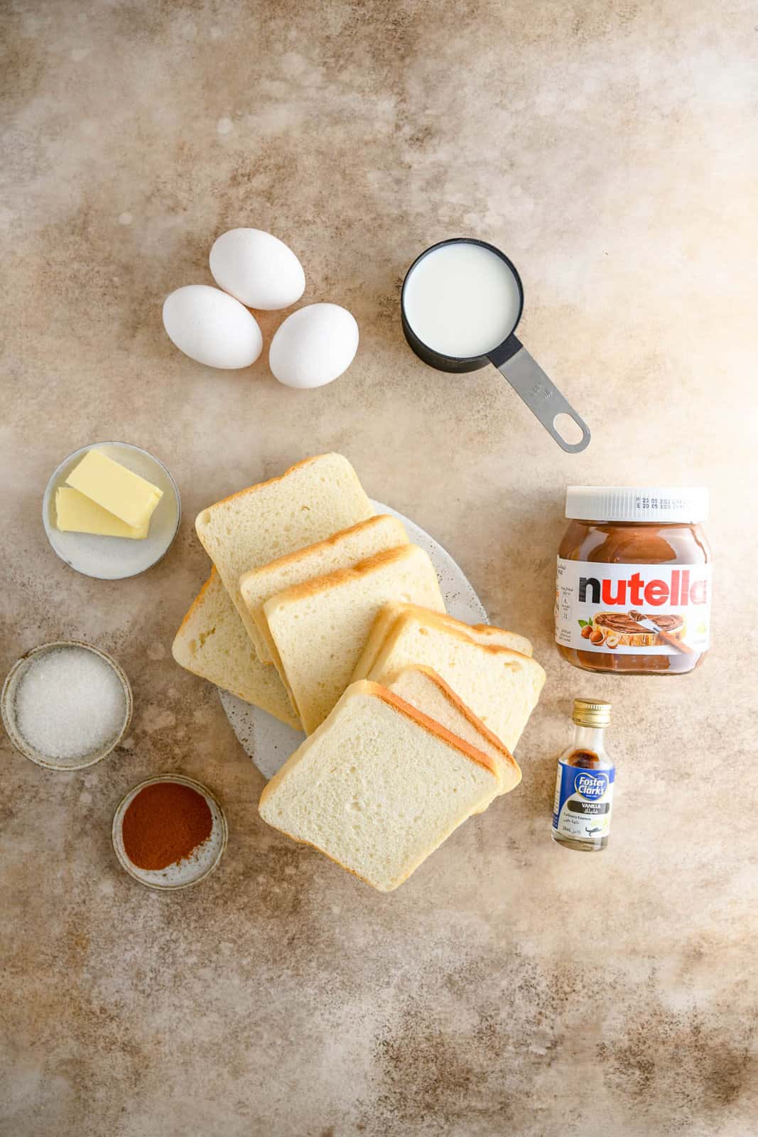 Ingredients needed to make Nutella French Toast Sticks.