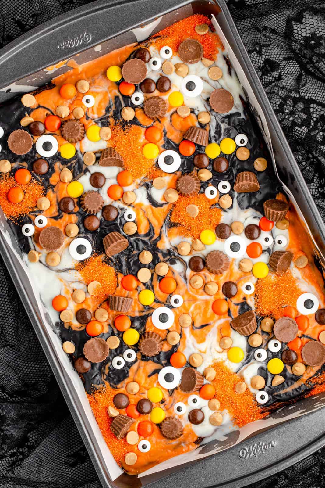Finished decorated Peanut Butter Halloween Brownies in pan.