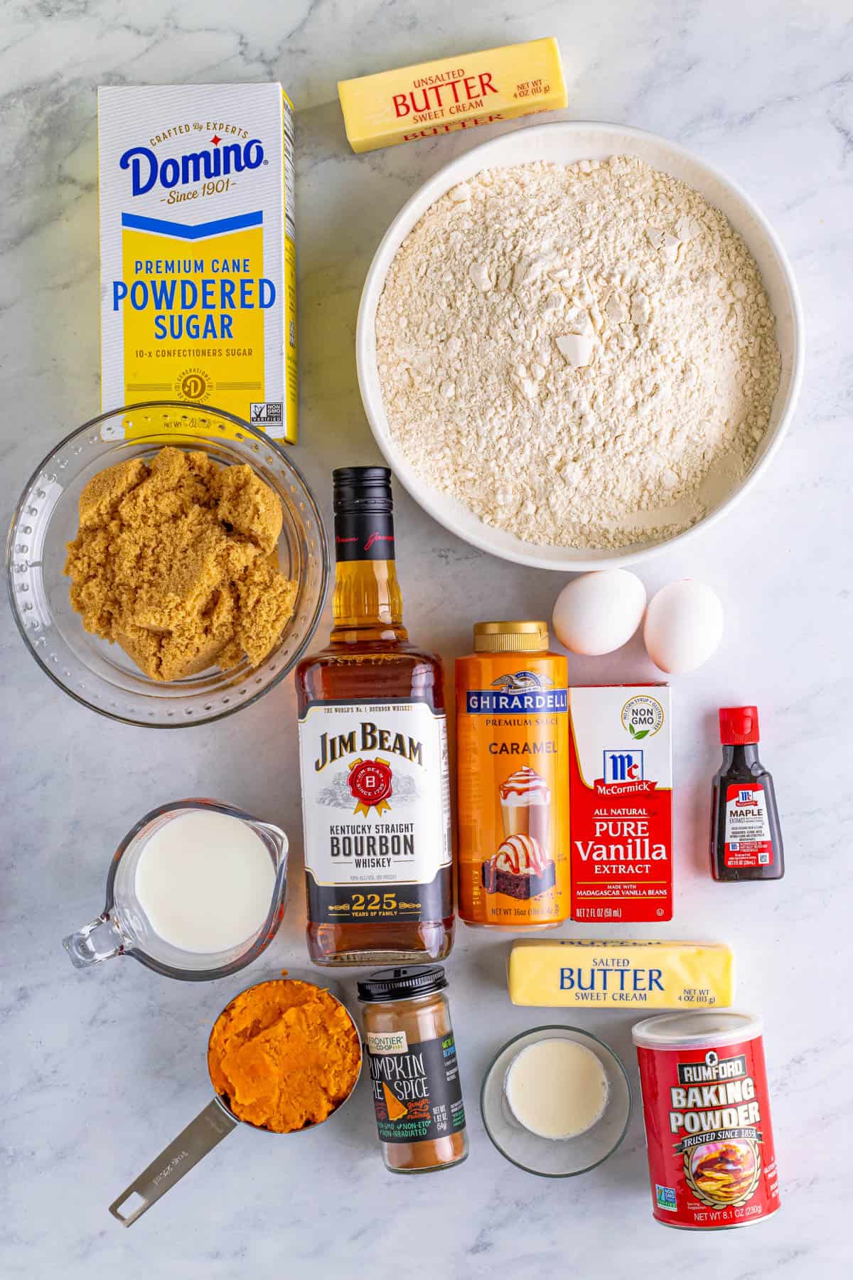 Ingredients needed to make a Bourbon Sweet Potato Cake.