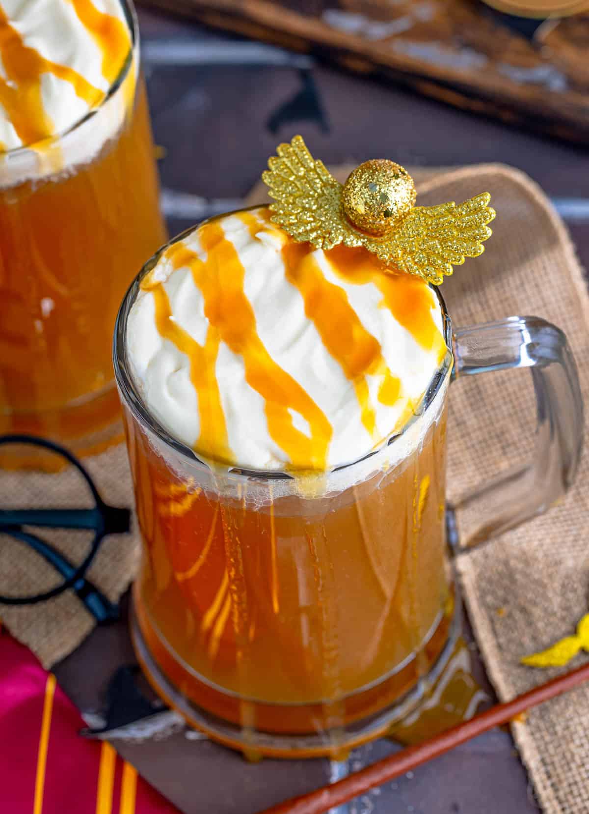 Overhead of one of the Butterbeer Recipe garnished.