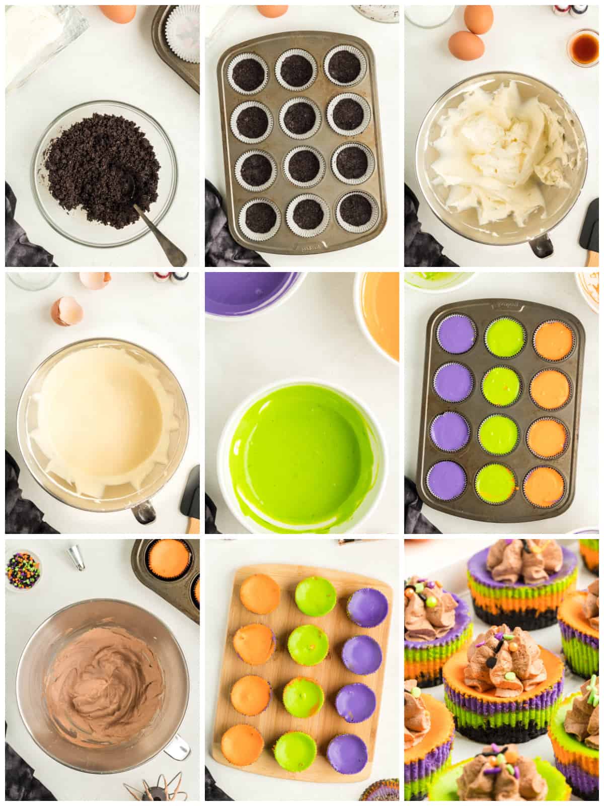 Step by step photos on how to make Mini Halloween Cheesecakes.
