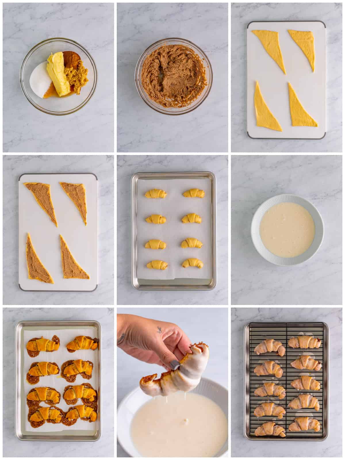 Step by step photos on how to make Cinnamon Crescent Rolls.