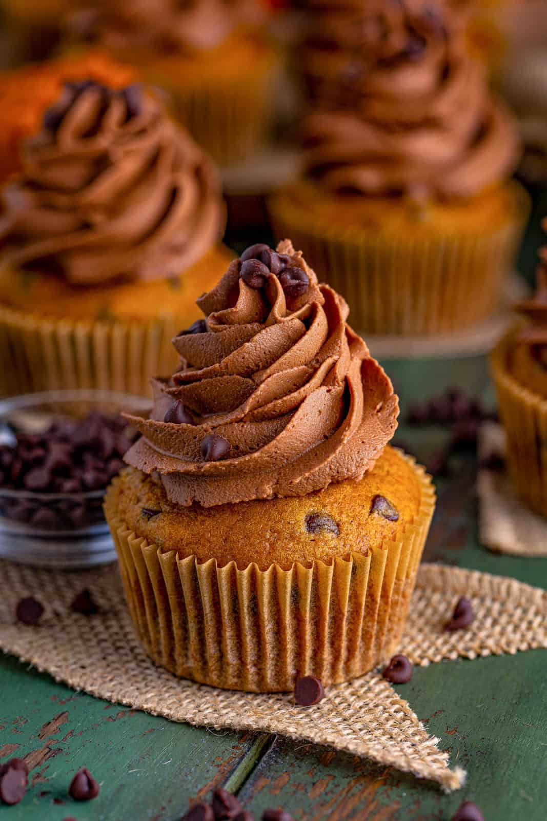One Chocolate Chip Pumpkin Cupcakes on burlap with chocolate chips, frosted and decorated.
