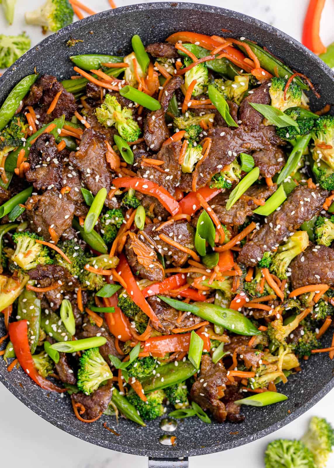 Close up overhead of Easy Beef Stir Fry finished in pan.