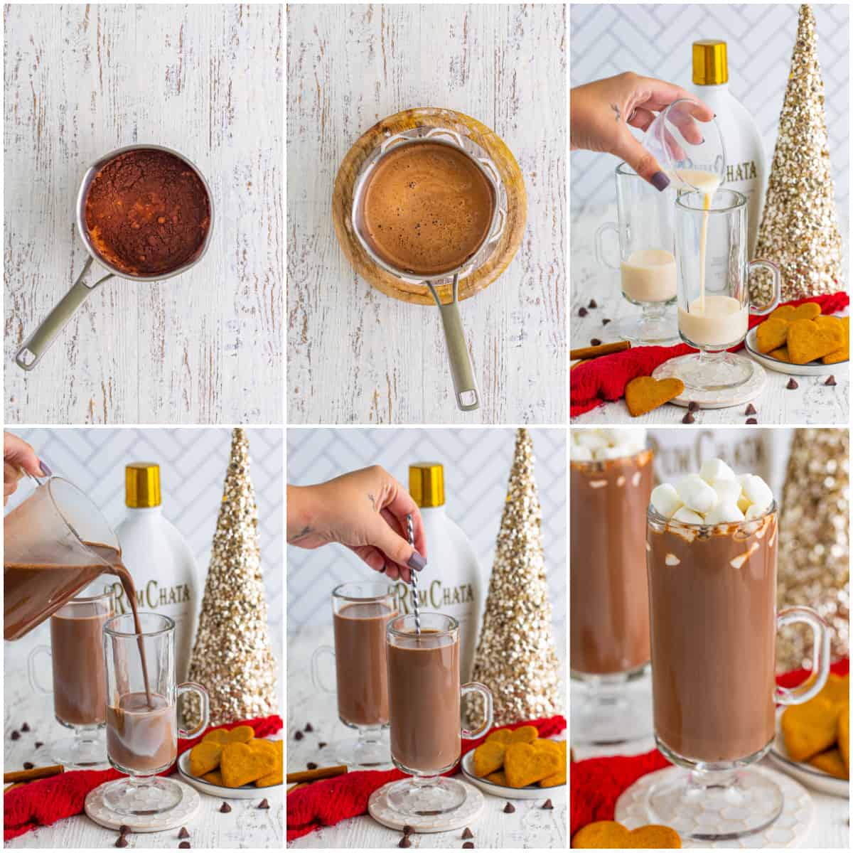 Step by step photos on how to make RumChata Hot Chocolate.