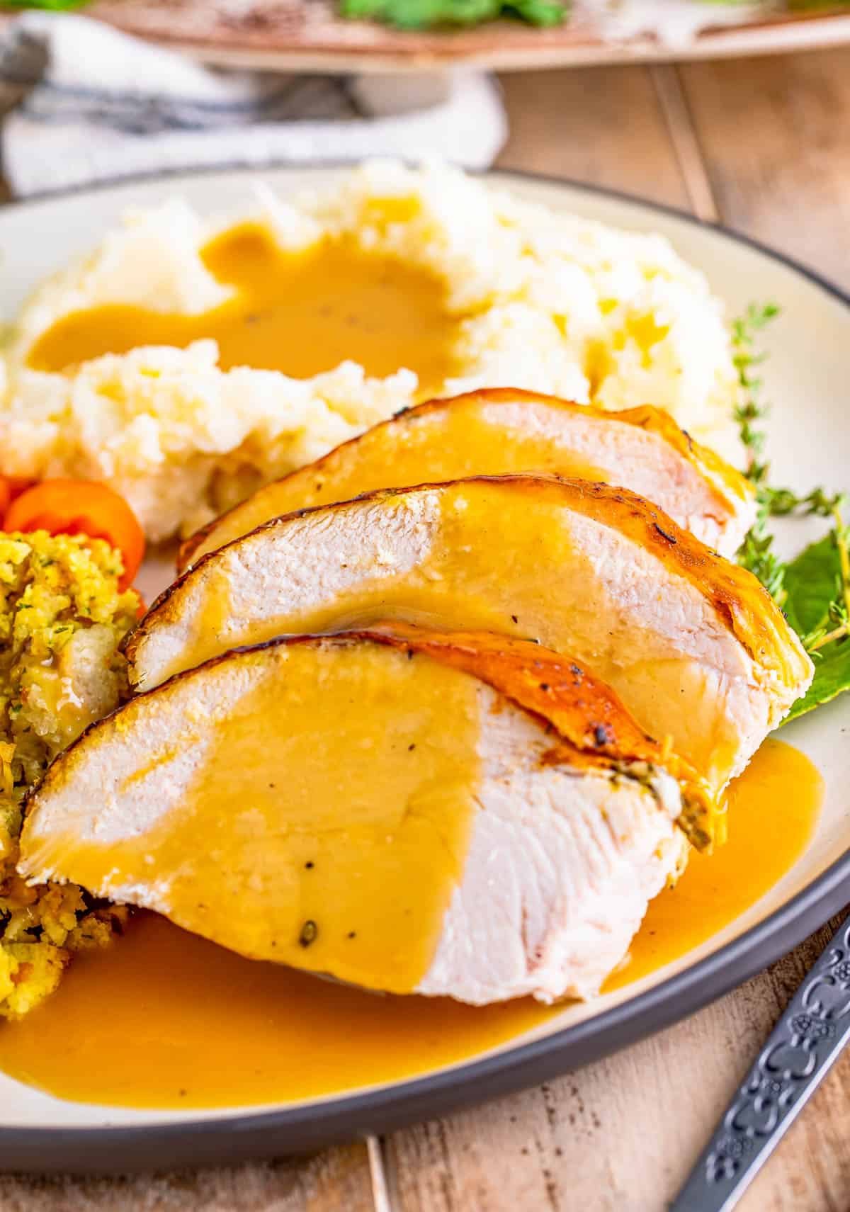 Sliced up Roasted Turkey Recipe on plate close up with gravy and sides.