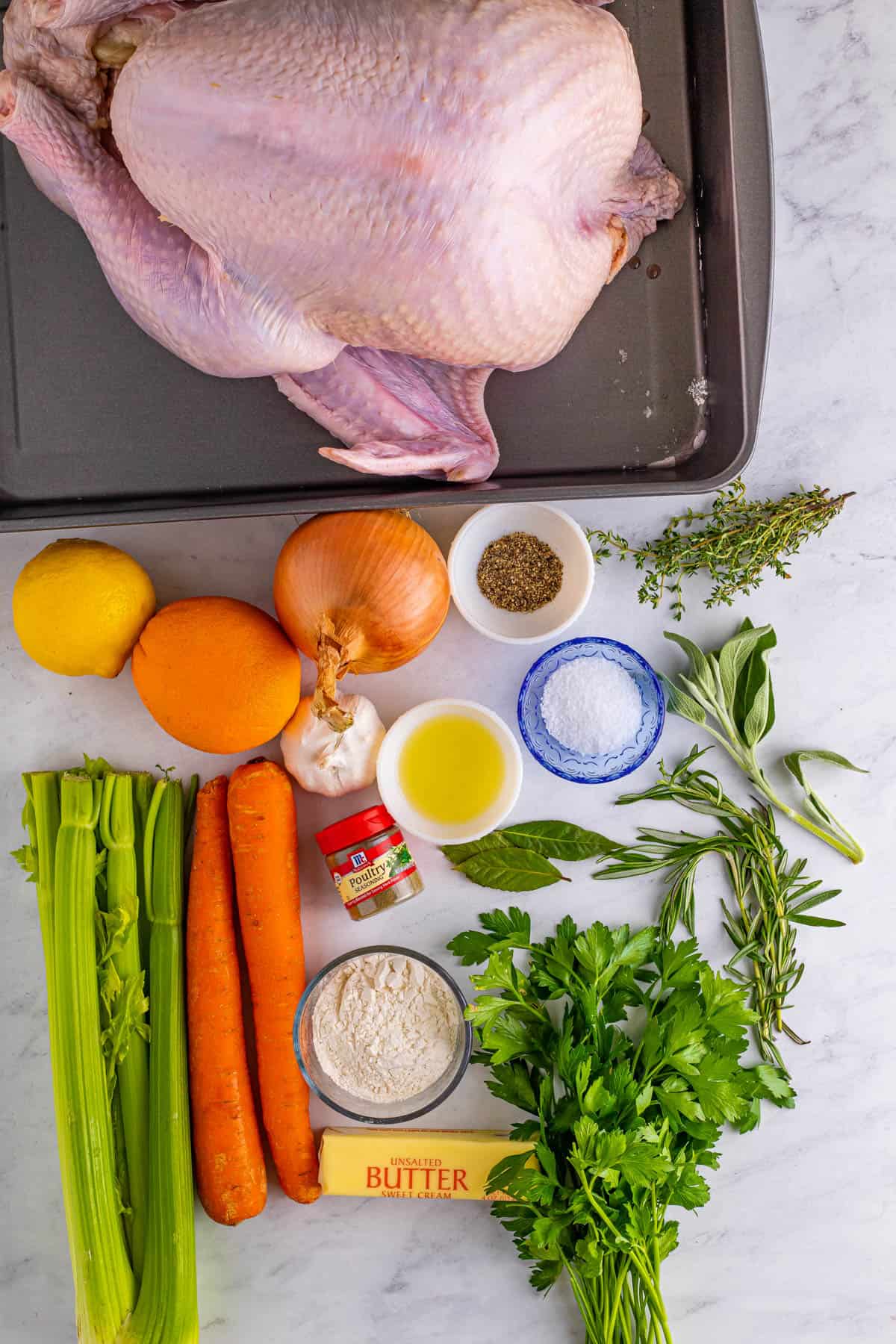 Ingredients needed to make a Roasted Turkey Recipe.