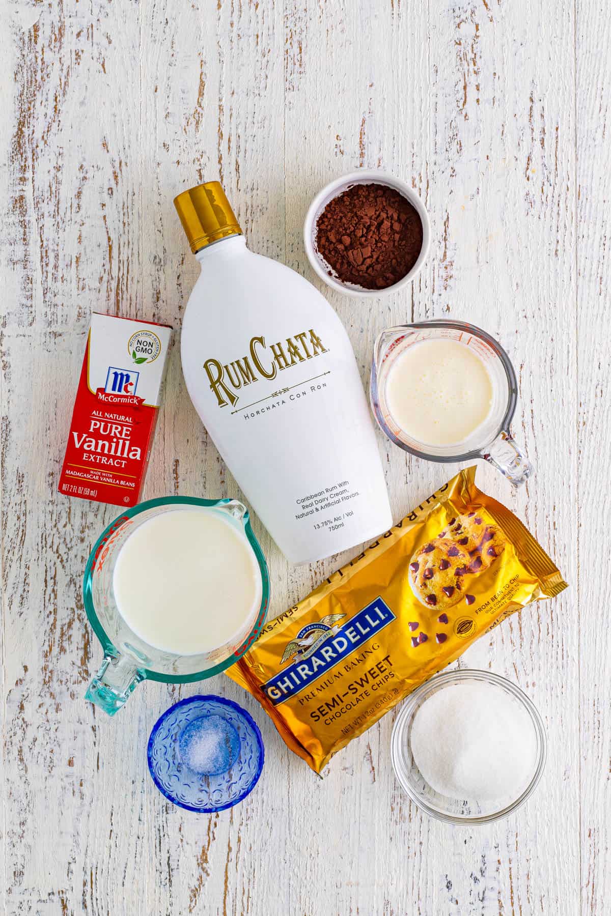 Ingredients needed to make RumChata Hot Chocolate.