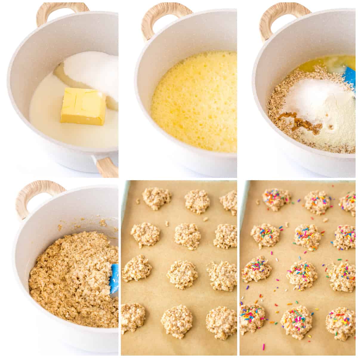 Step by step photos on how to make Vanilla No Bake Cookies.