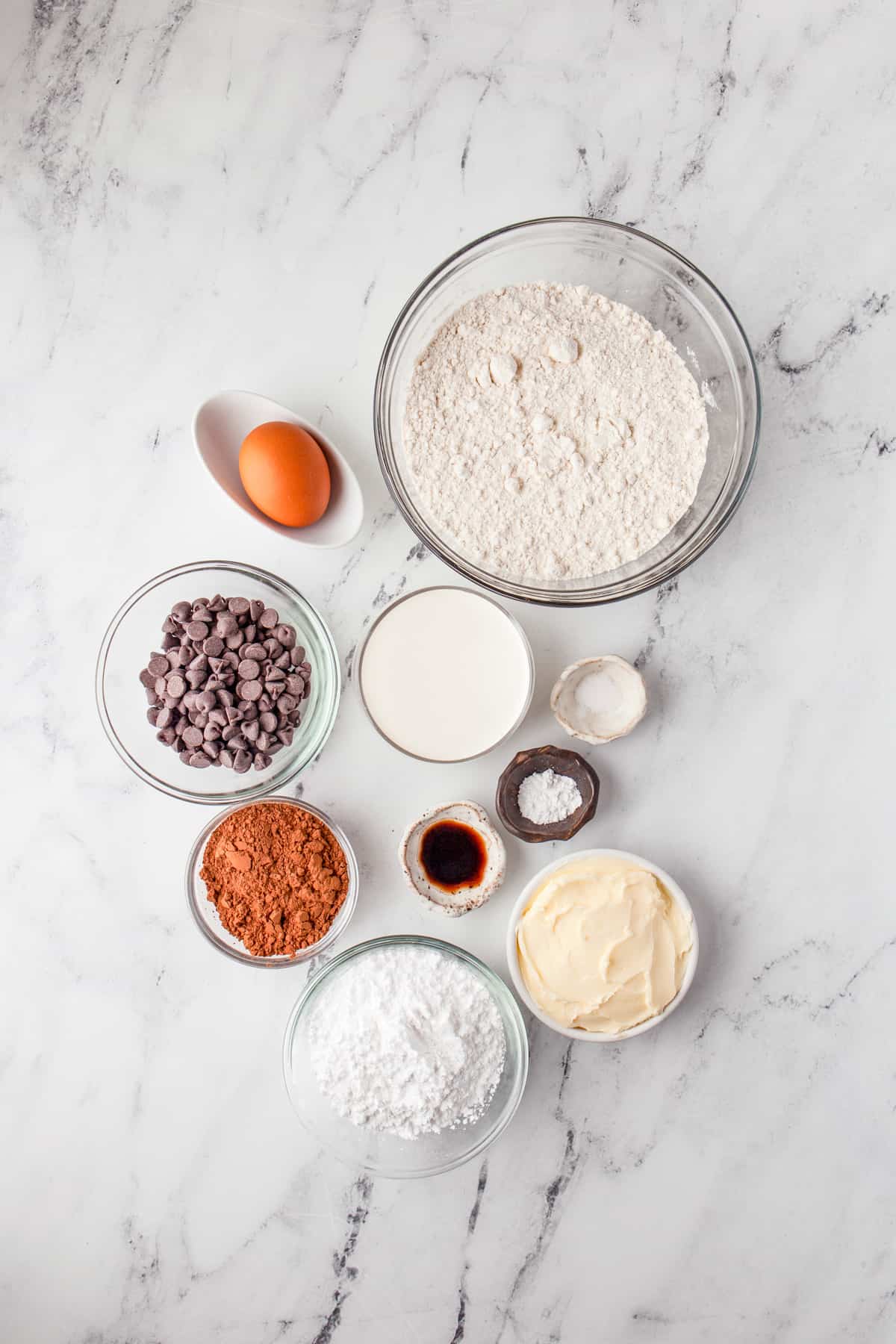 Ingredients needed to make Chocolate Thumbprint Cookies.