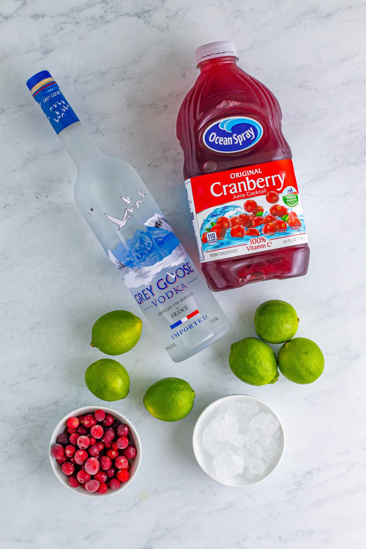 Ingredients needed to make a Vodka Cranberry.