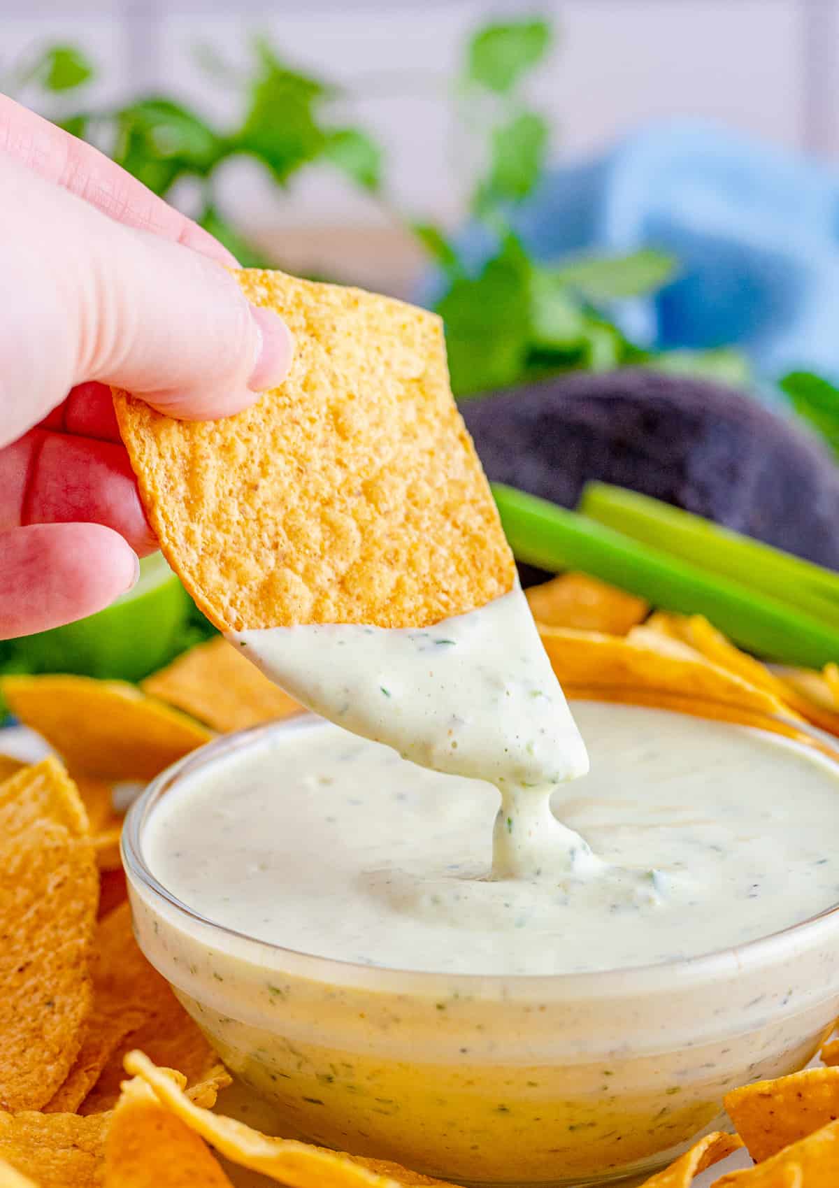 Chip lifted out of bowl with the ranch dripping off of it.