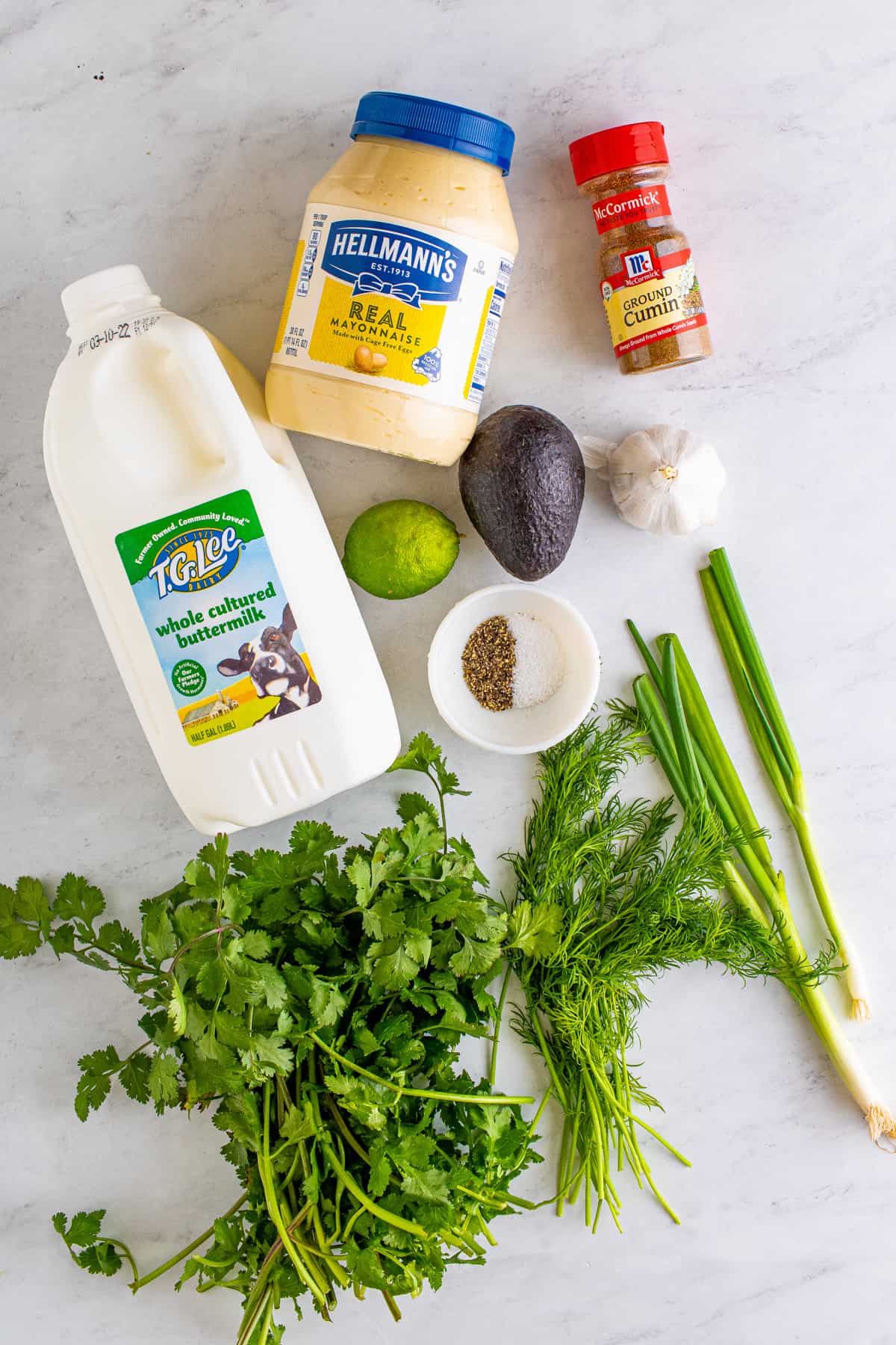 Ingredients needed to make Avocado Ranch.