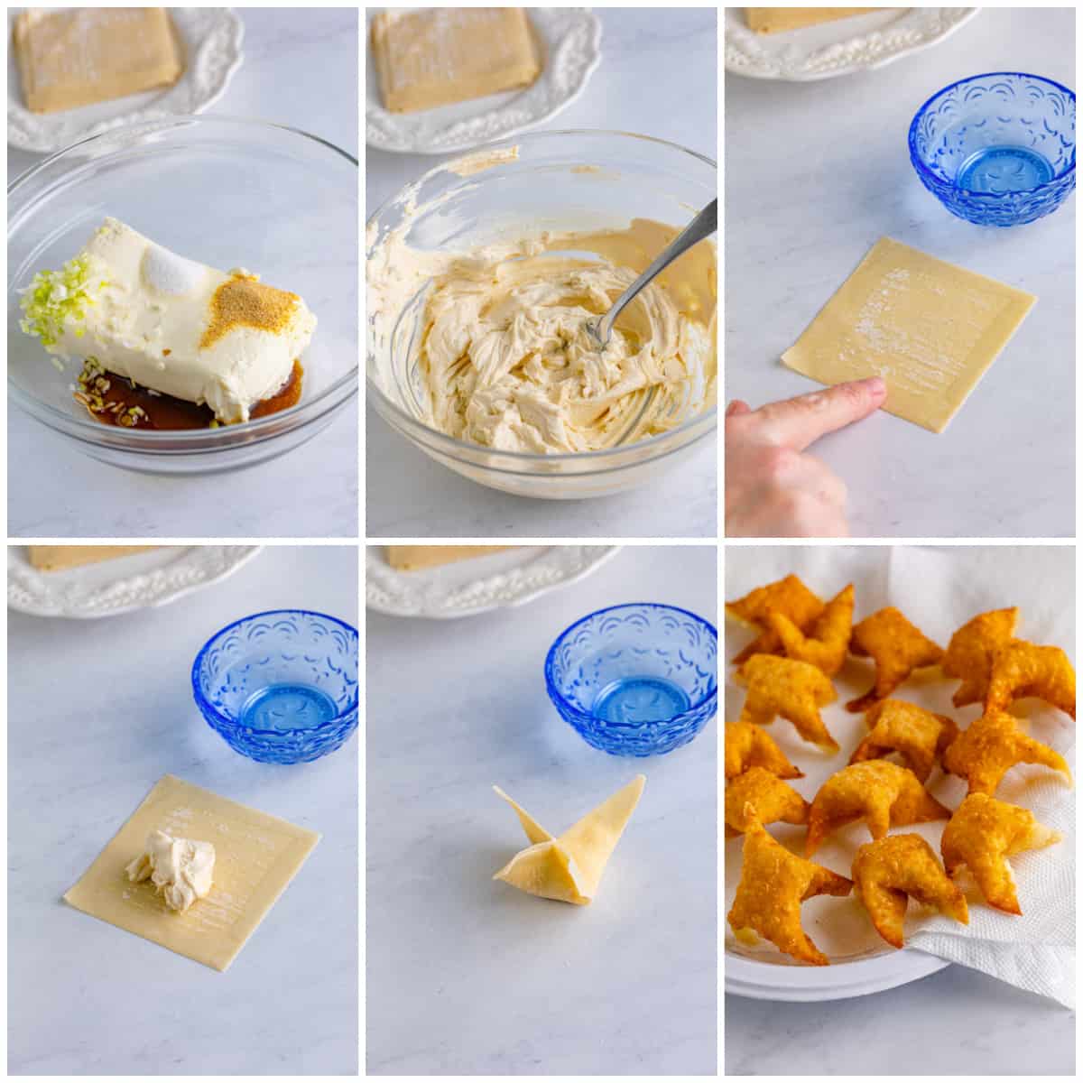 Step by step photos on how to make Cream Cheese Wontons.