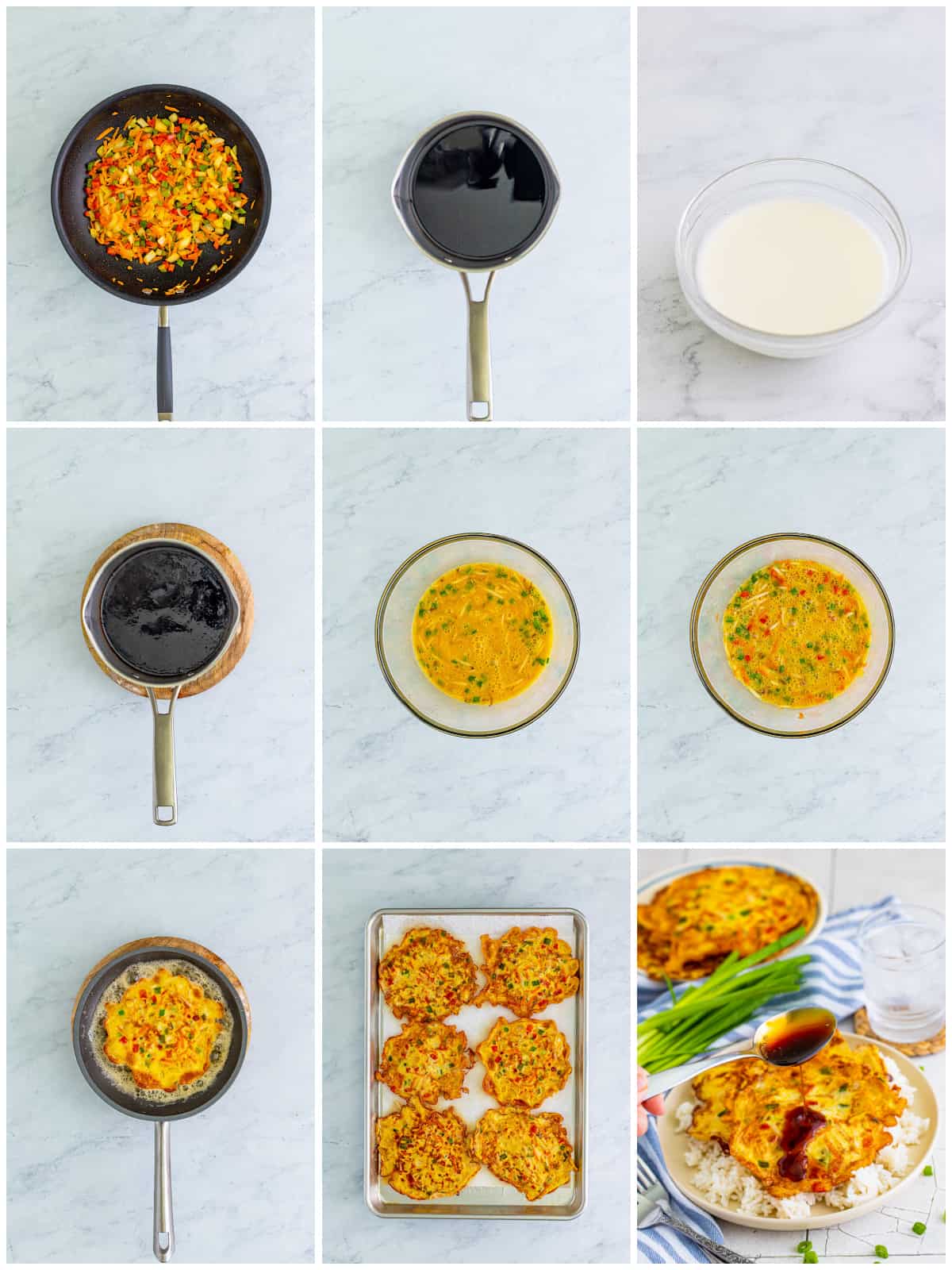 Step by step photos on how to make Vegetable Egg Foo Young.