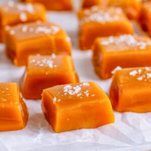 Close up square image of cut caramels.