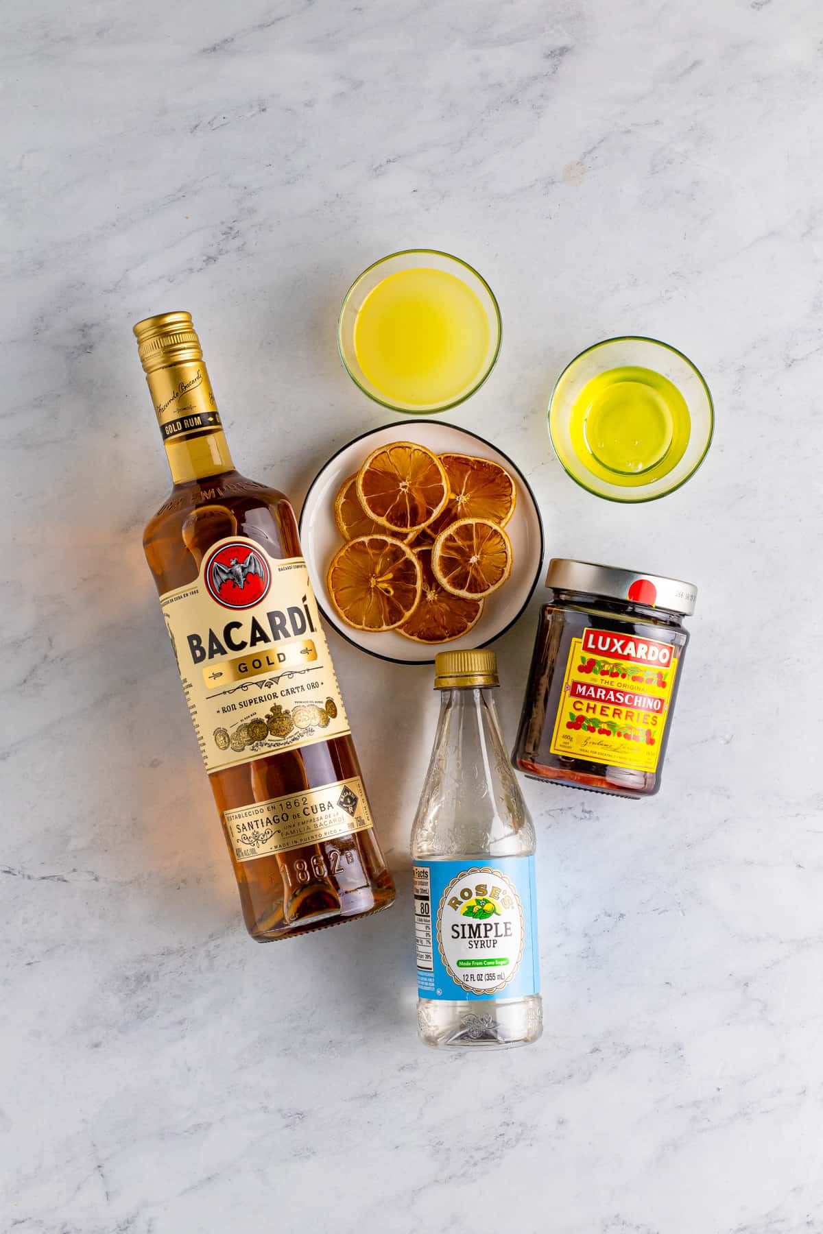 Ingredients needed to make a Rum Sour.