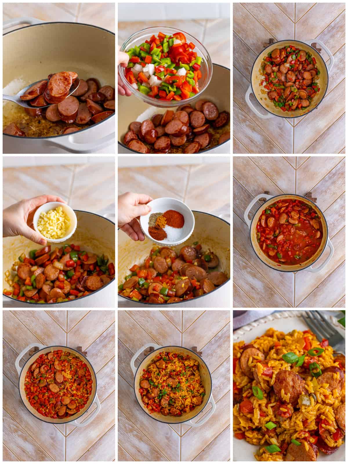 Step by step photos on how to make One Pot Sausage and Rice.