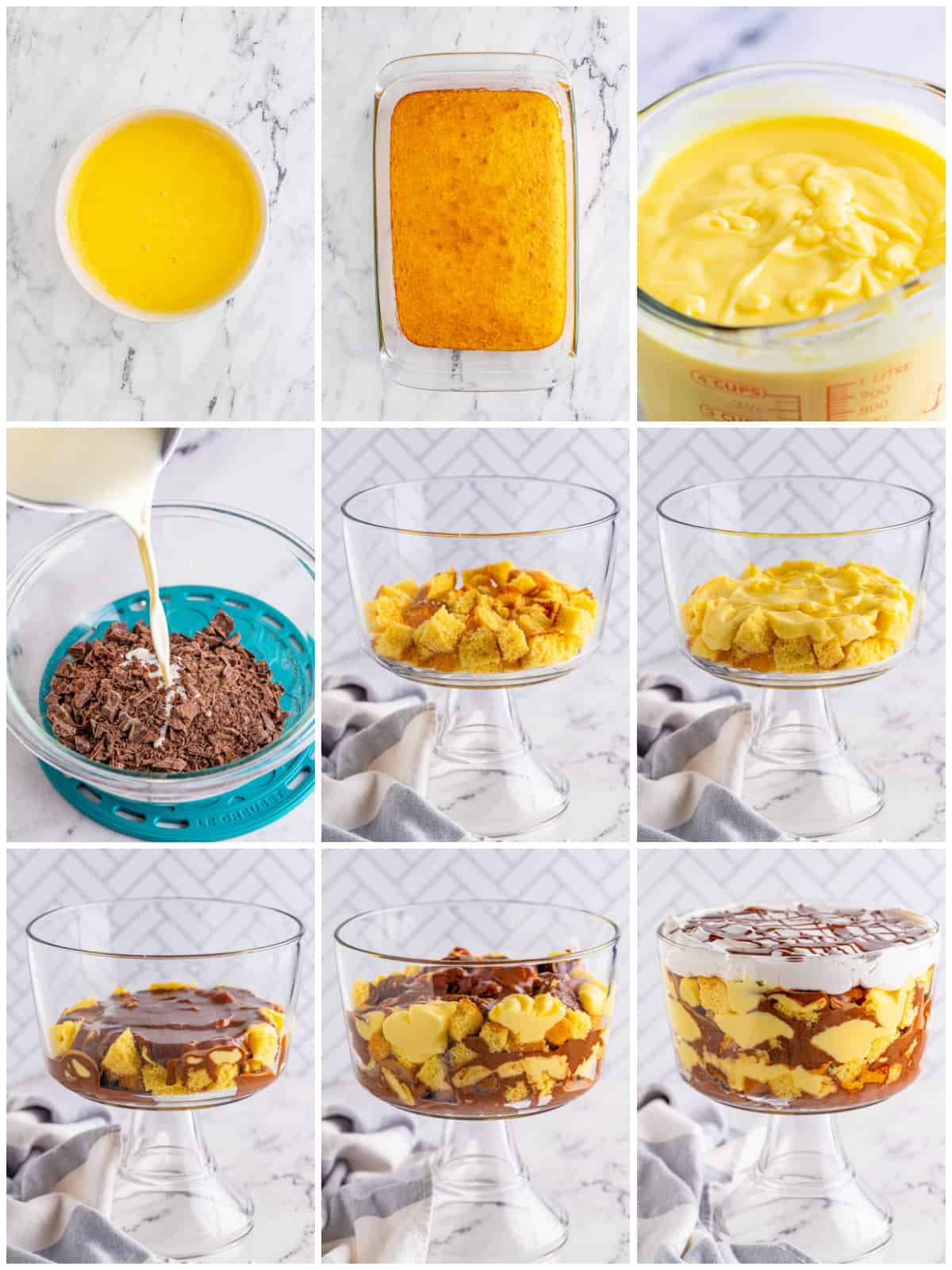 Step by step photos on how to make a Boston Cream Pie Trifle.