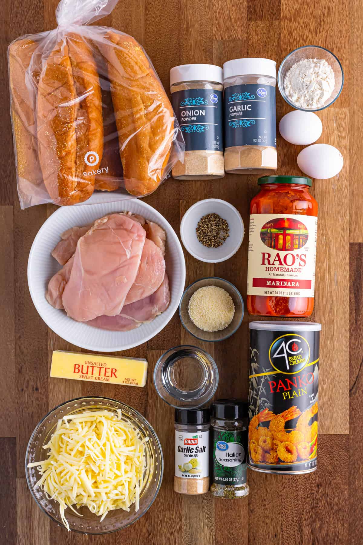 Ingredients needed to make Chicken Parmesan Sandwiches.