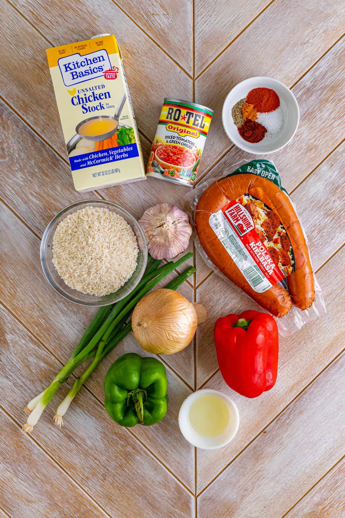 Ingredients needed to make One Pot Sausage and Rice.