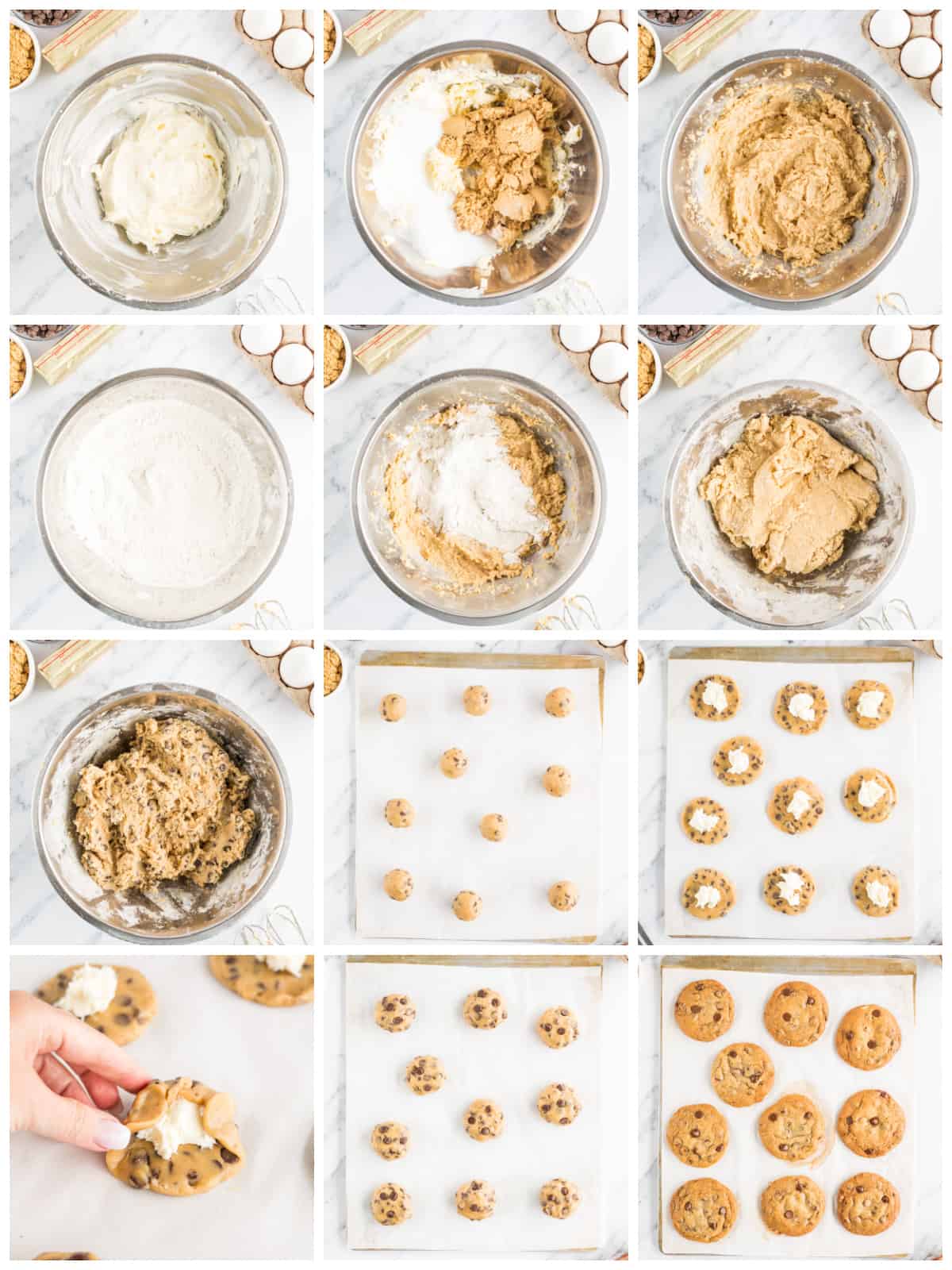 Step by step photos on how to make Cheesecake Stuffed Chocolate Chip Cookies.