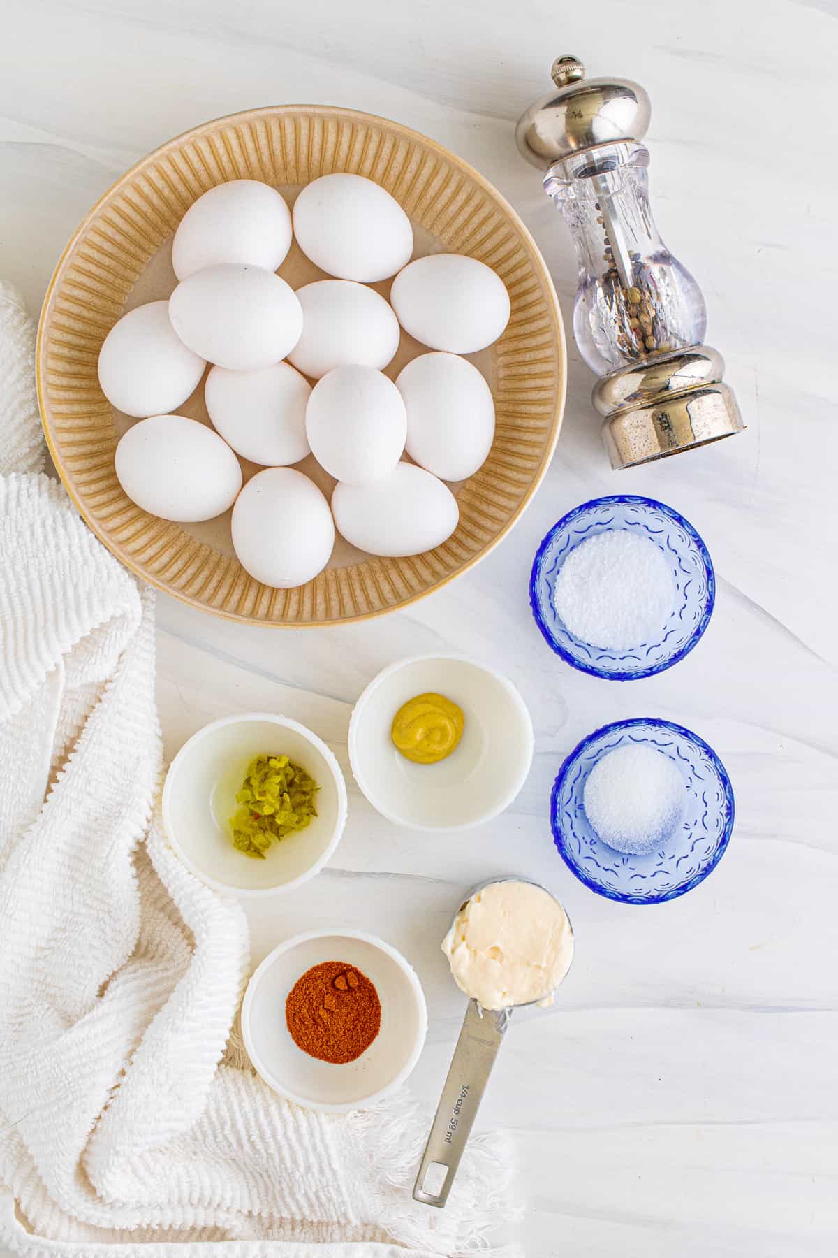 Ingredients needed to make Classic Deviled Eggs.