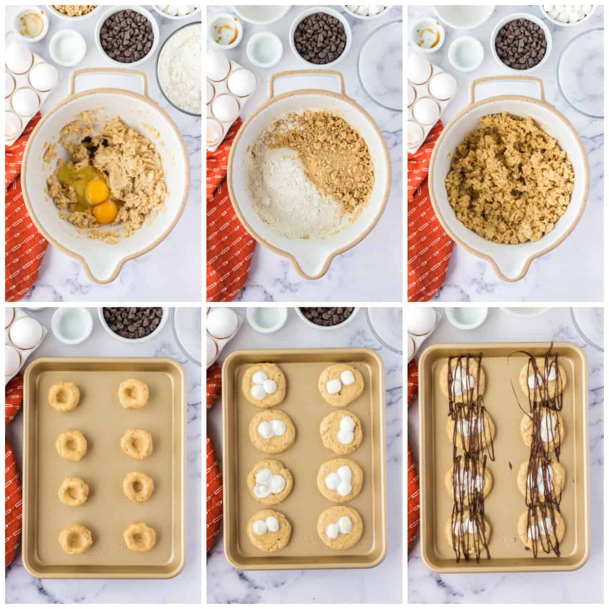 Step by step photos on how to make S'mores Thumbprint Cookies.