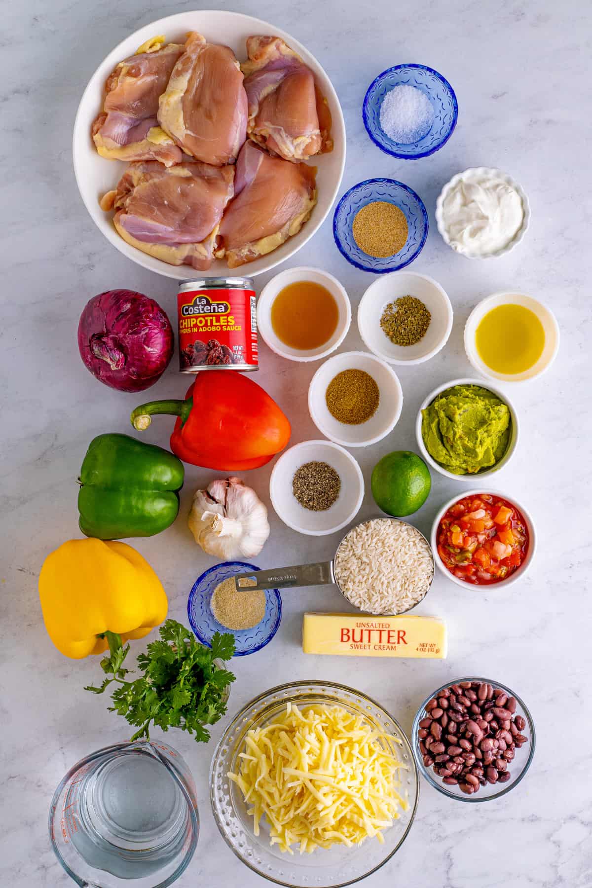 Ingredients needed to make Chicken Burrito Bowls.
