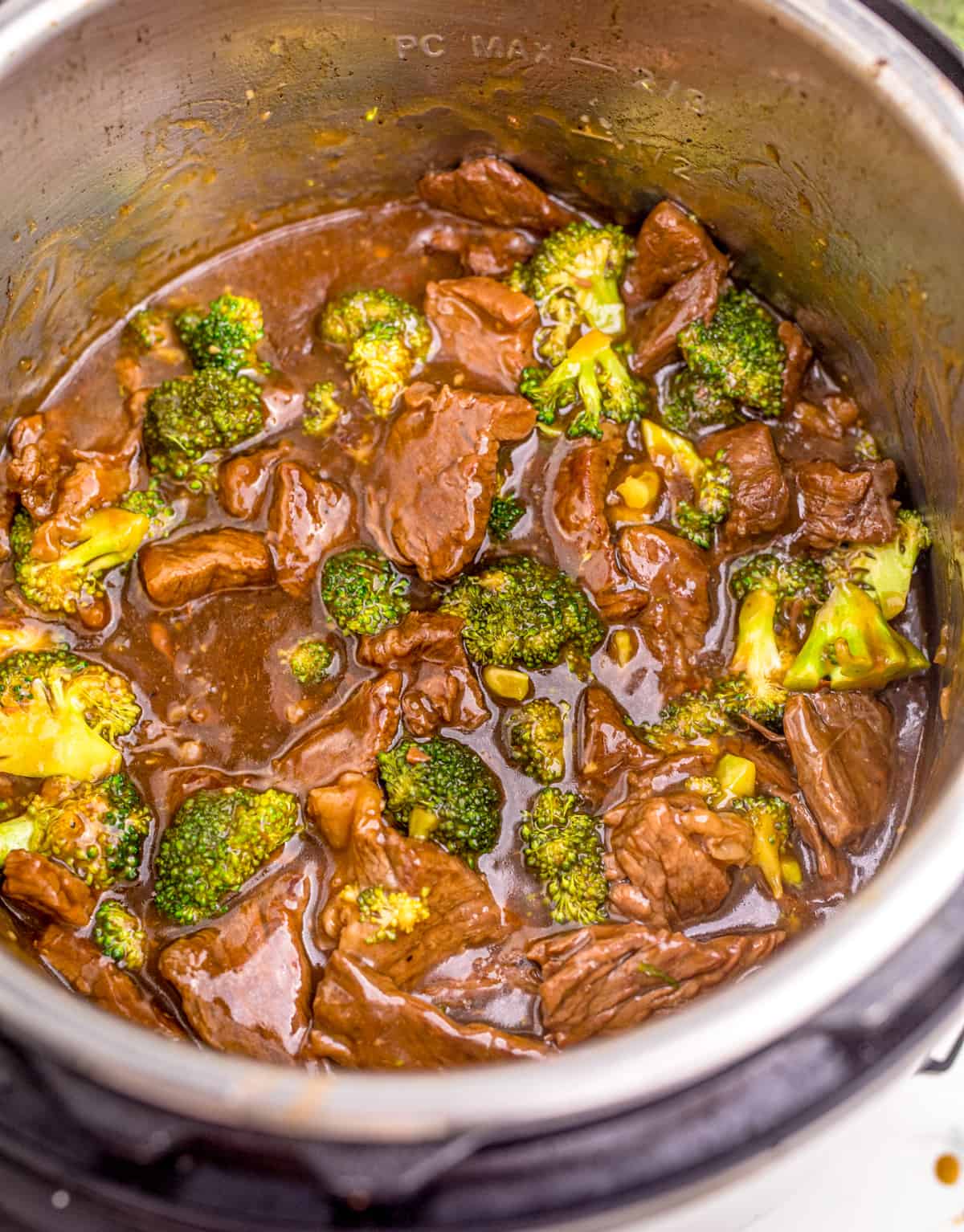 Finished Beef and Broccoli in basin of instant pot.
