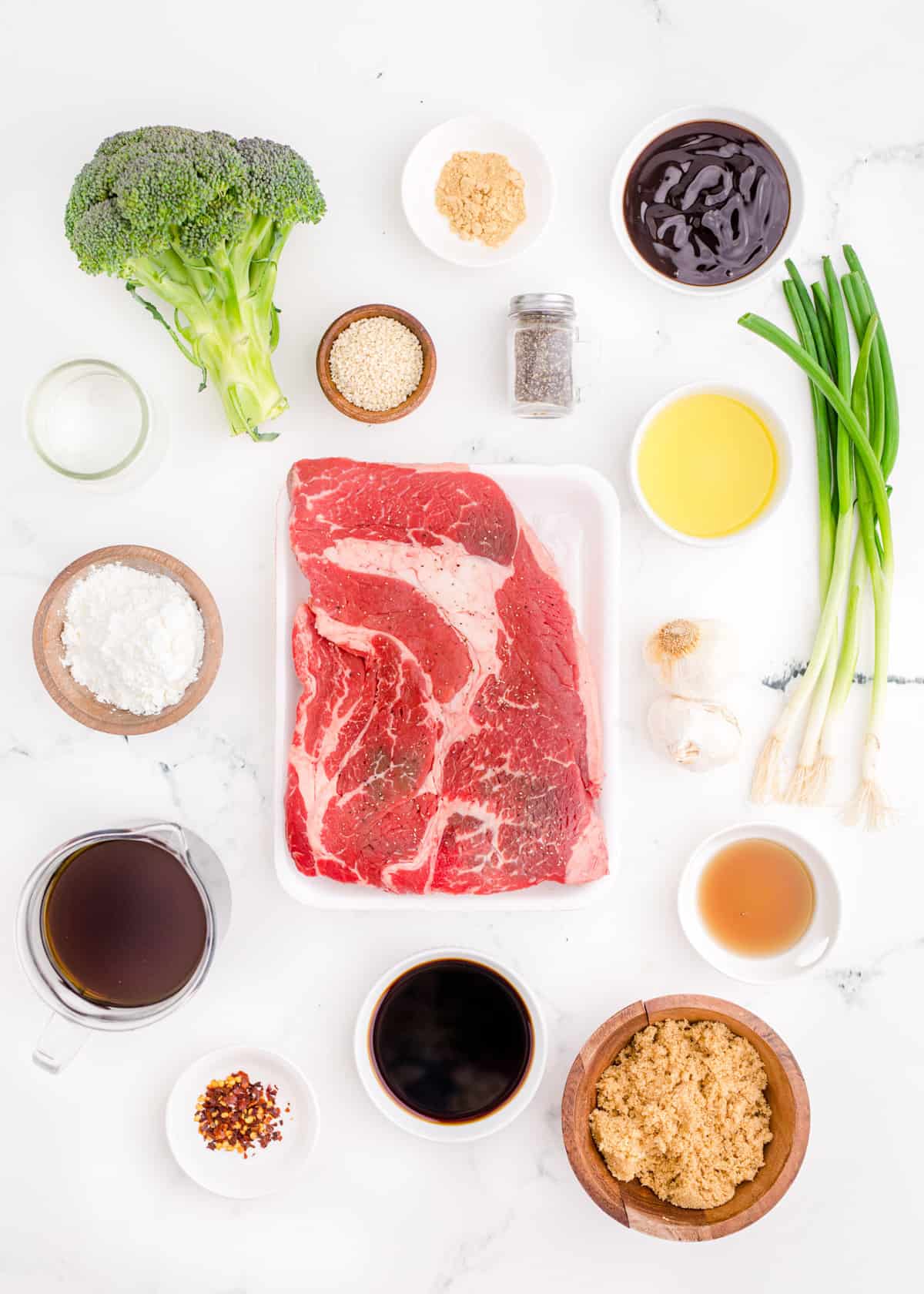 Ingredients needed to make Instant Pot Beef and Broccoli.
