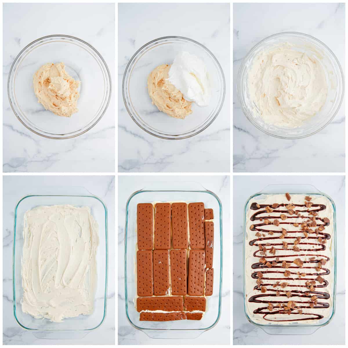 Step by step photos on how to make a Reese's Ice Cream Sandwich Cake.