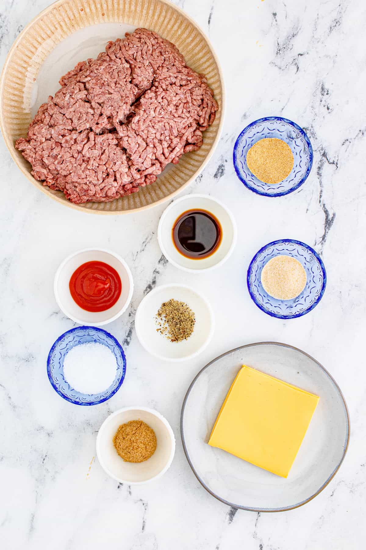 Ingredients needed to make a Cheeseburger Recipe.