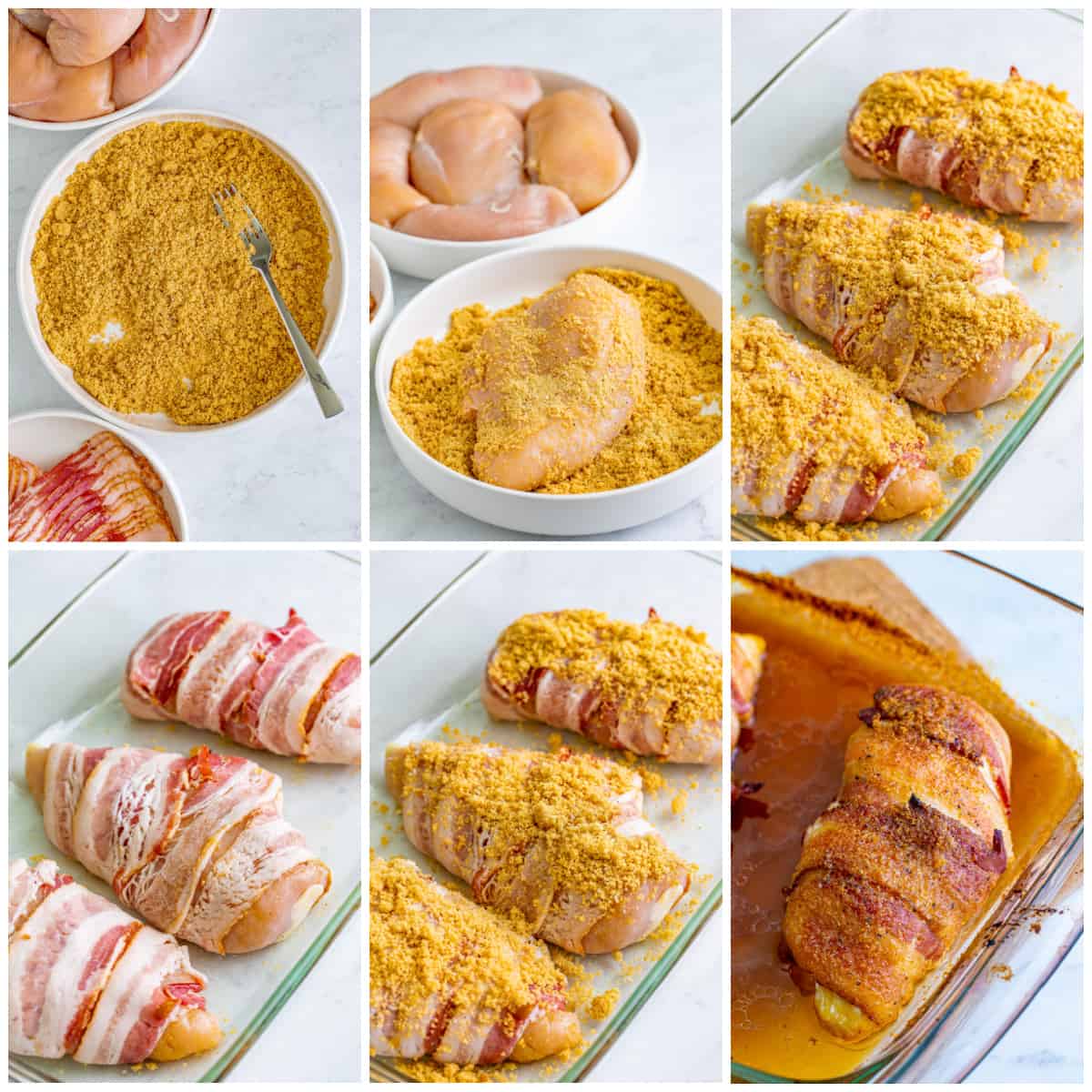 Step by step photos on how to make Bacon Wrapped Chicken.