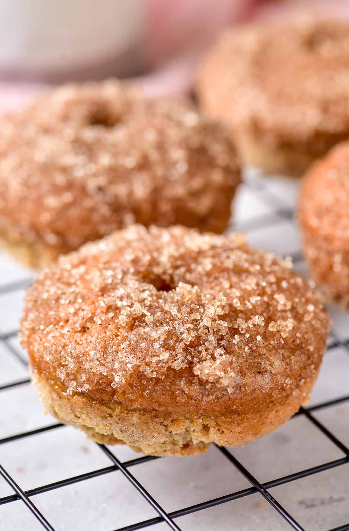 Finished Baked Cinnamon Apple Donuts on wire rack topped with cinnamon sugar.