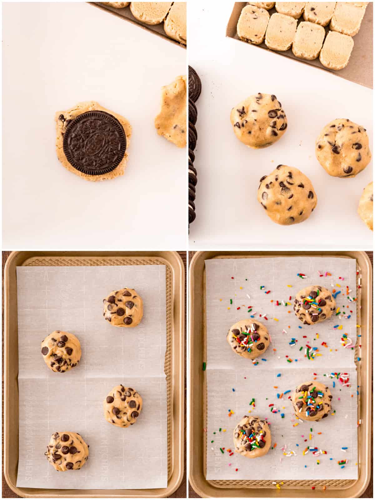 Step by step photos on how to make Oreo Stuffed Chocolate Chip Cookies.