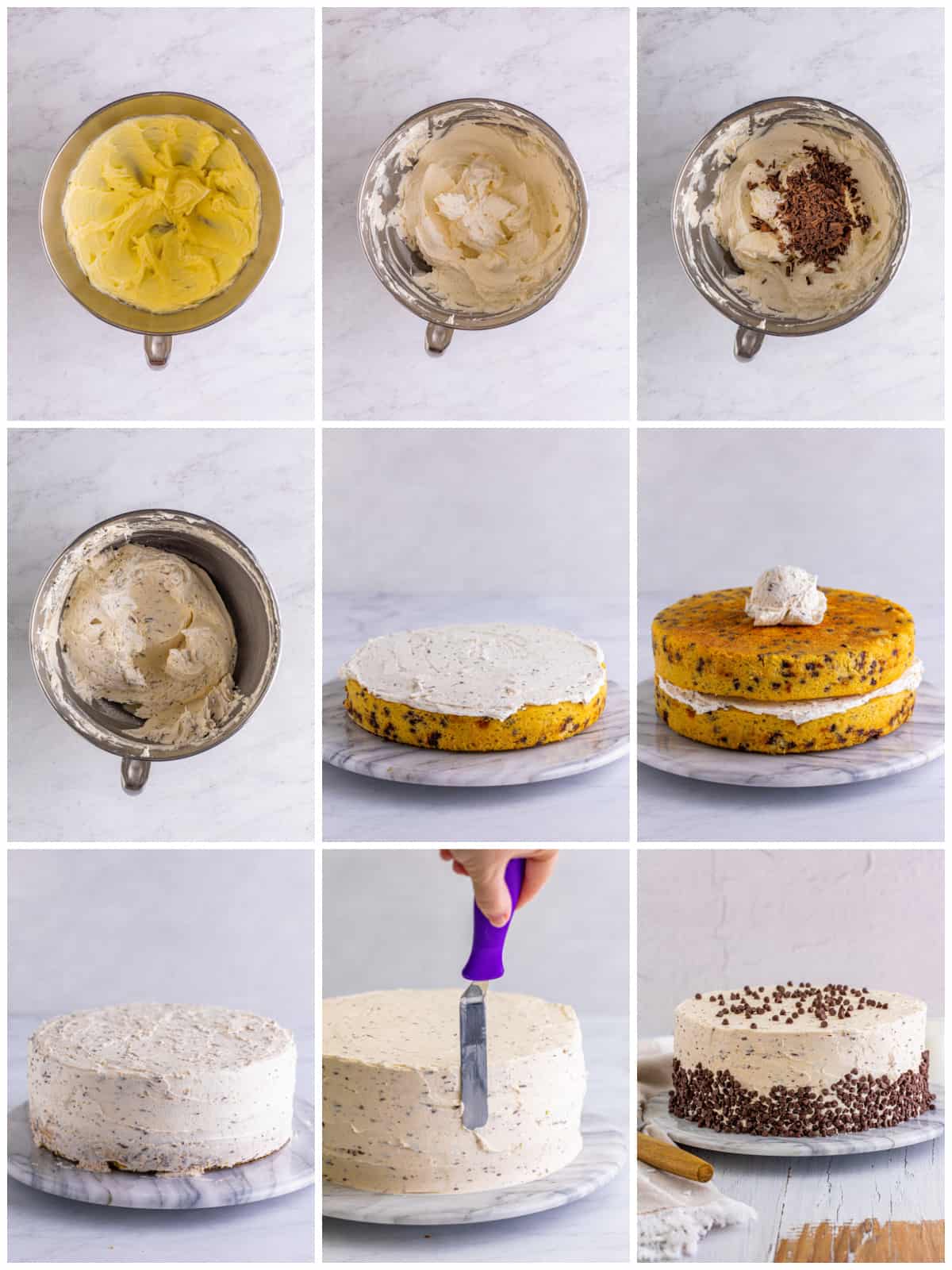 Step by step photos on how to make the frosting and assembly for The Best Chocolate Chip Cake.
