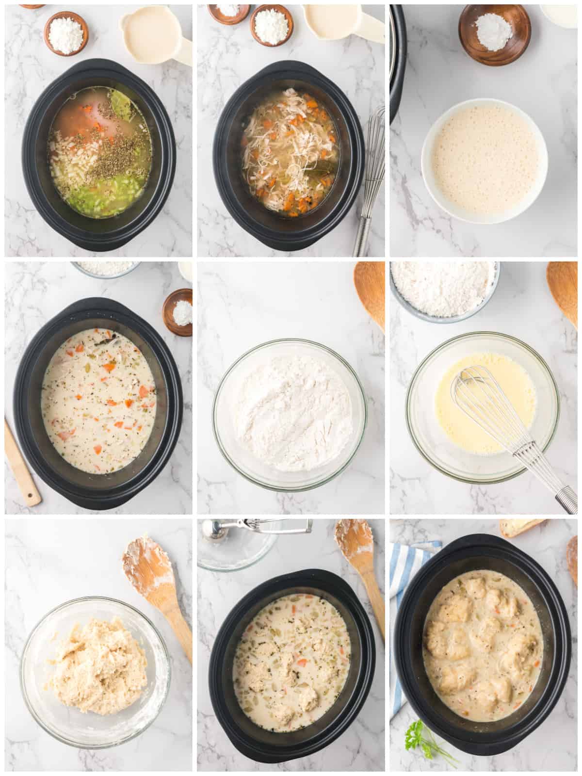 Step by step photos on how to make Slow Cooker Chicken and Dumplings.