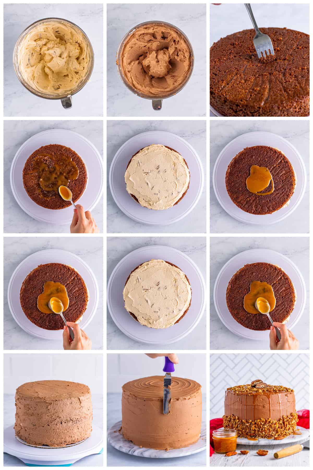 Step by step photo on how to make the frosting and assemble a Turtle Cake.
