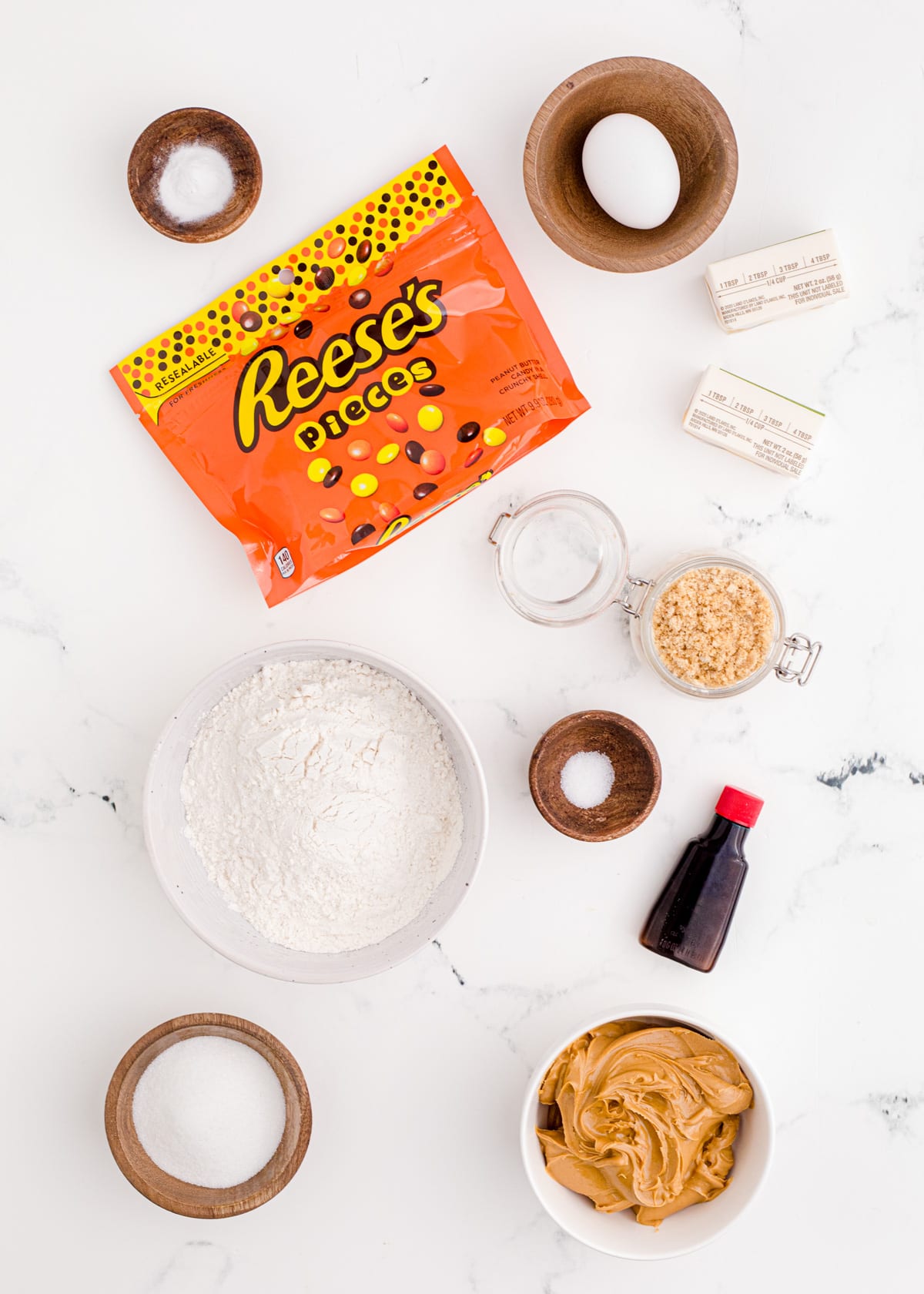 Ingredients needed to make Reese's Peanut Butter Cookies.