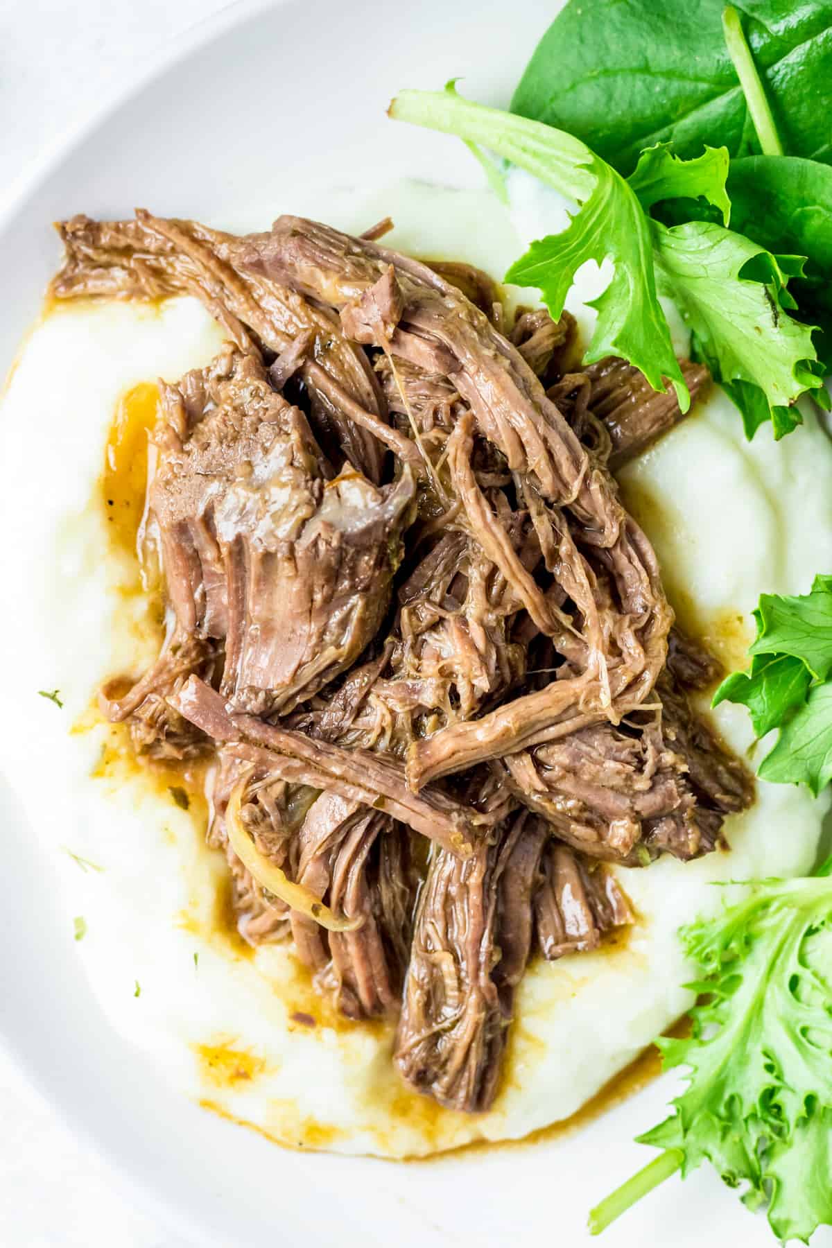 Overhead photo of shredded beef on mashed potatoes on white plate/