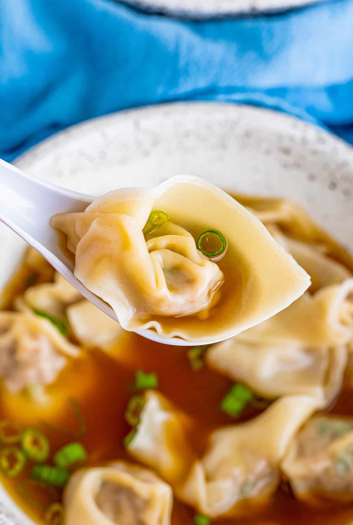 Spoon holding up one wonton from soup bowl with broth and green onions.