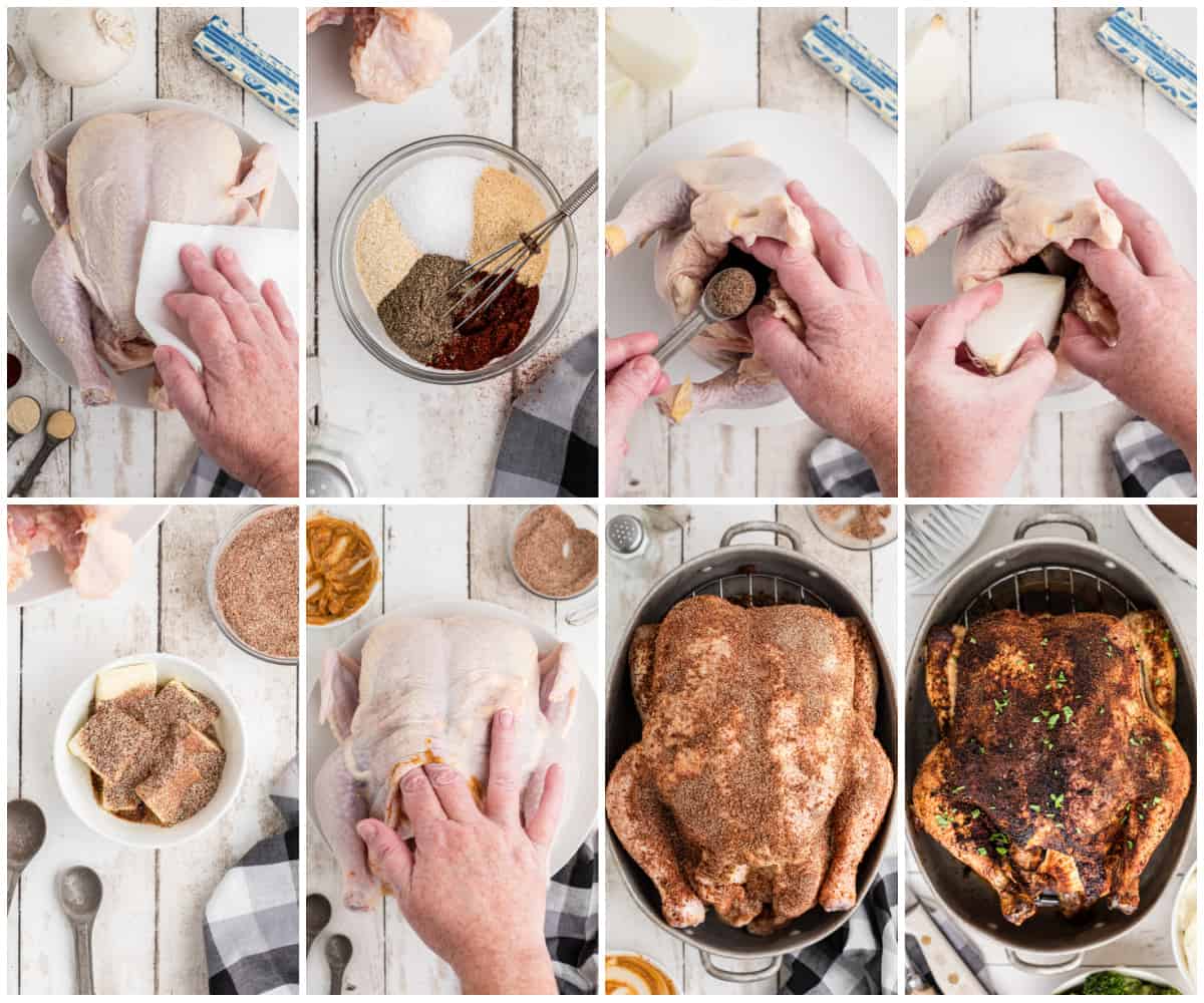 Step by step photos on how to make a Whole Roasted Chicken.