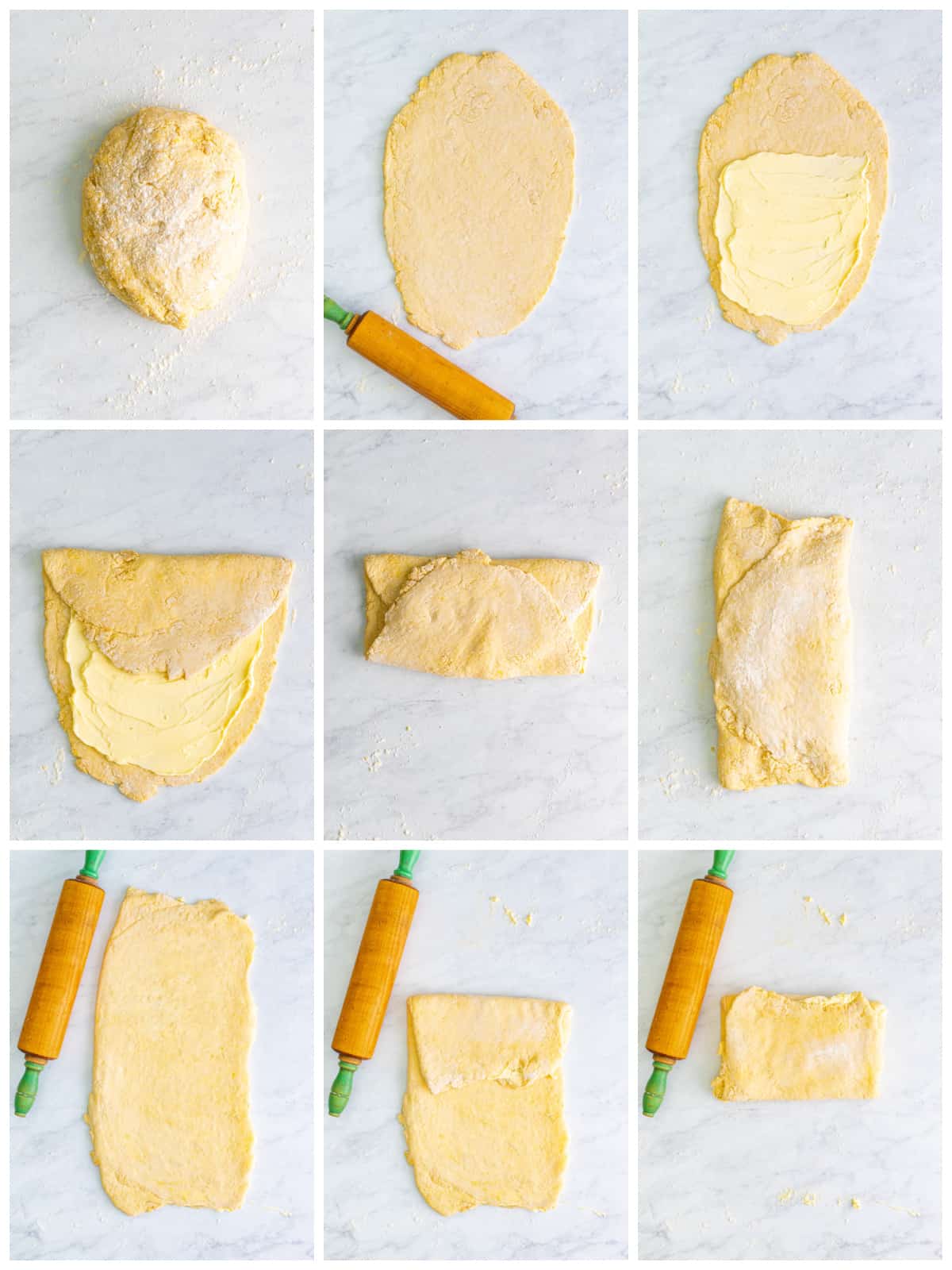 Step by step photos on how to fold the dough for the Homemade Cinnamon Rolls.