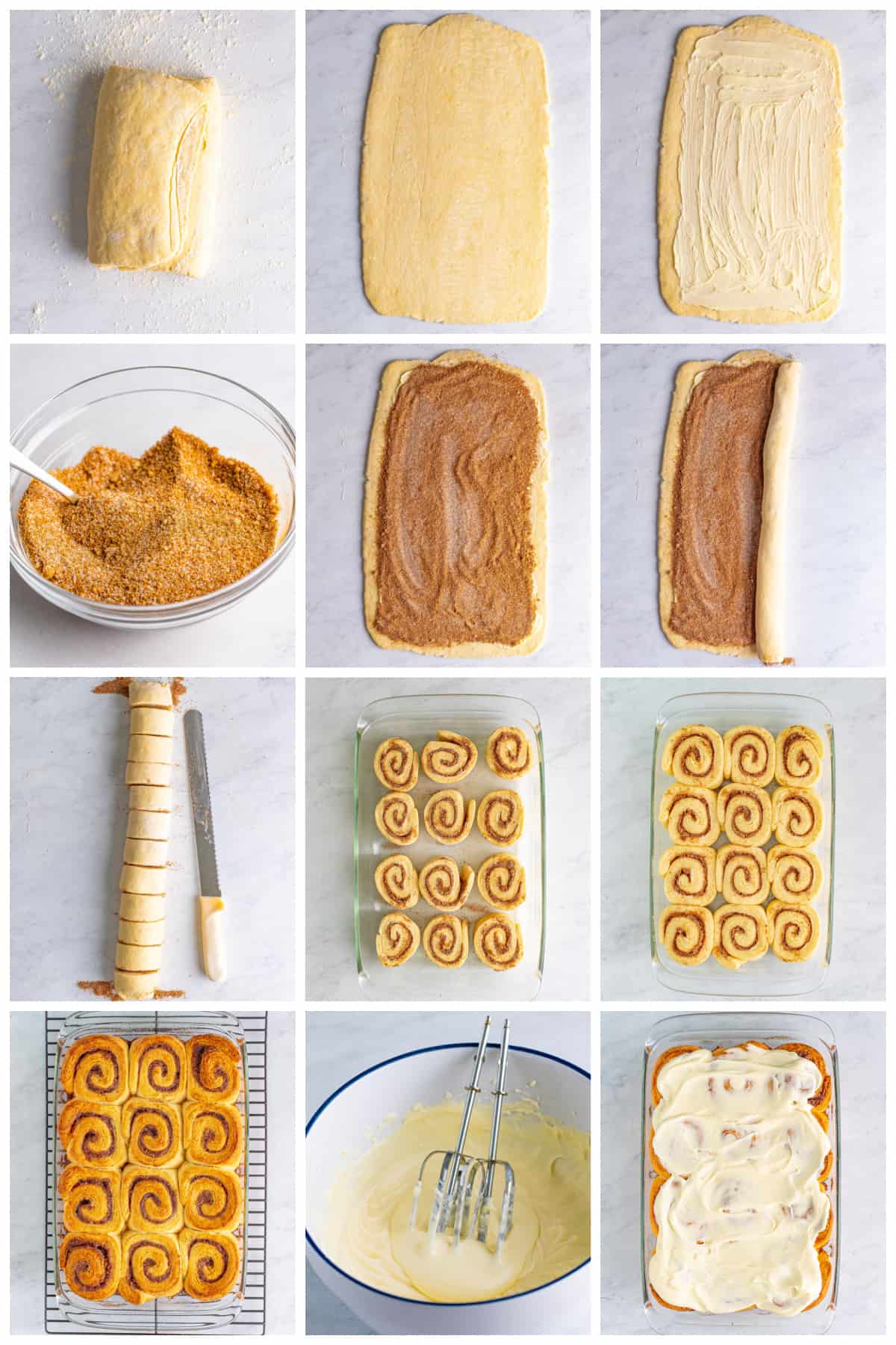 Step by step photos on how to assemble the Cinnamon Rolls.