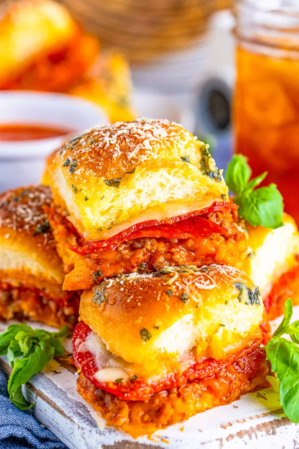 Close up of stacked Pizza Sliders showing the layers.