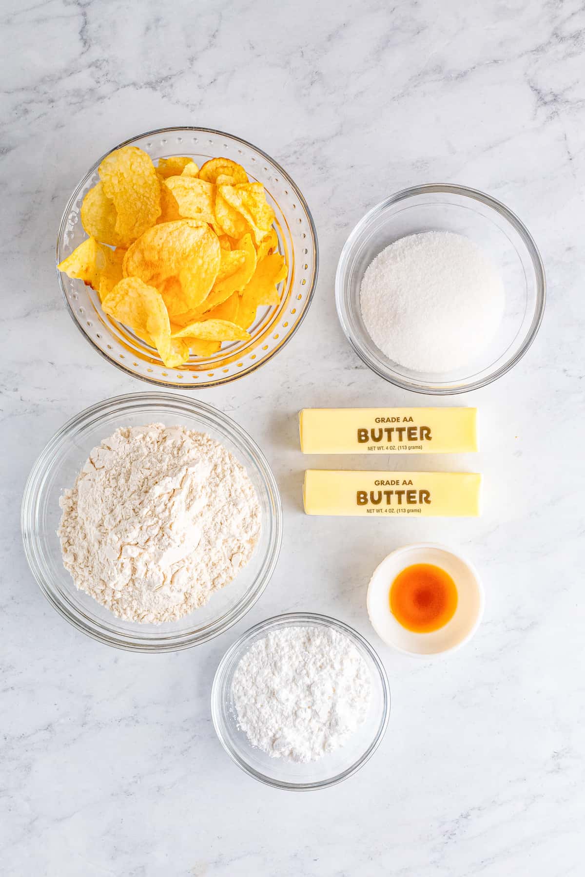 Ingredients needed to make Potato Chip Cookies.