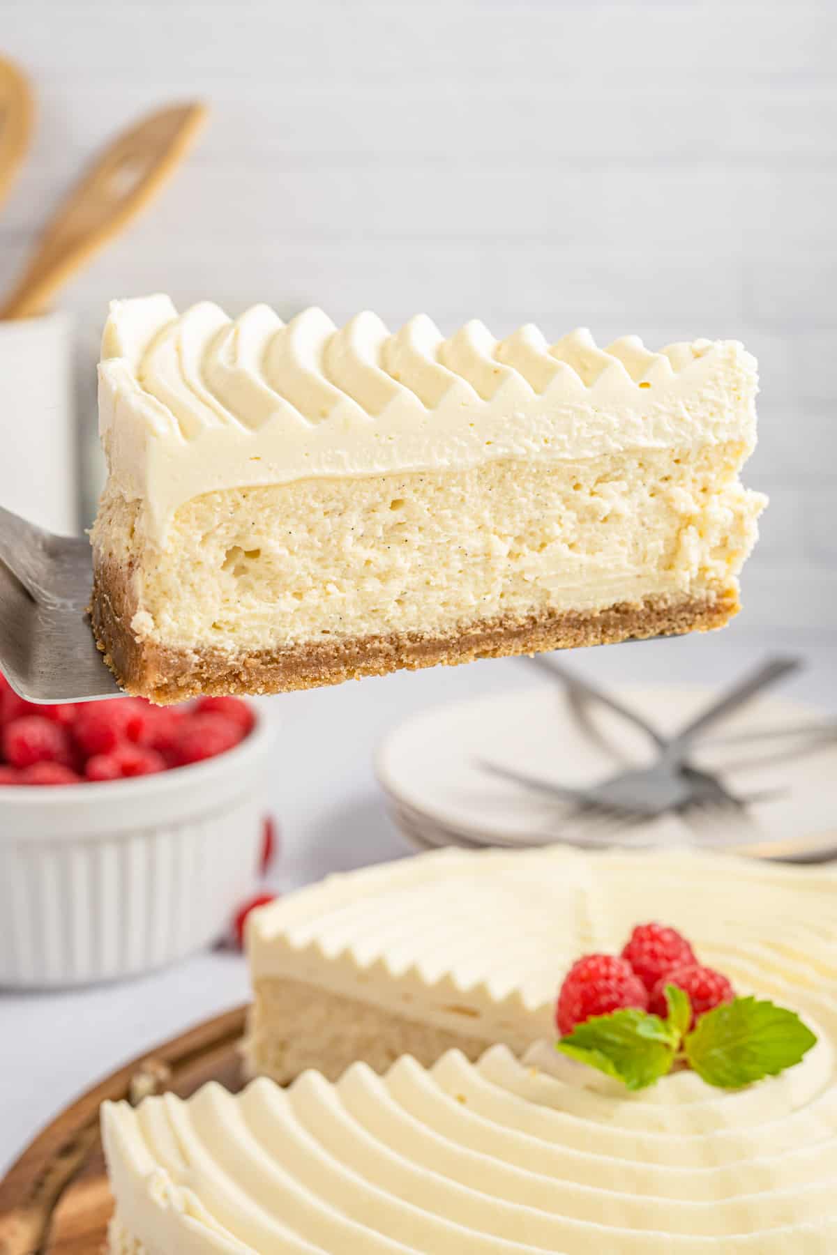 Cake server holding up a slice of the Vanilla Bean Cheesecake showing the layers.